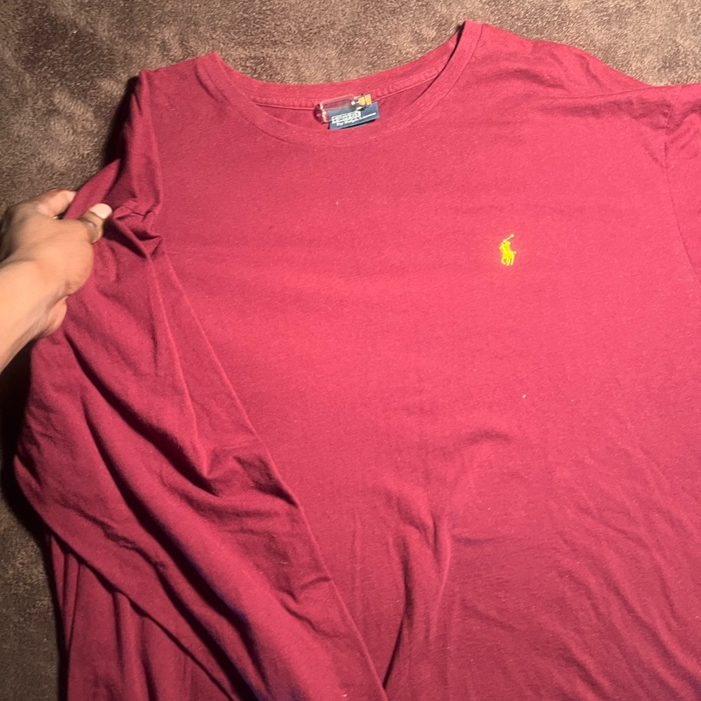 Polo by Ralph Lauren Long Sleeve Crewneck Tee in Burgundy with Yellow Pony - Picture 3 of 10